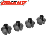 Set of four black plastic Team Corally C-00180-029 Shock Spring Cup (4) components designed for radio control car parts, ideal for rc car suspension upgrades.