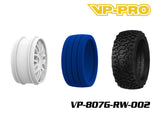 VP-PRO VP-807G Bull Dog Evo 1/8 Buggy Pre-Mounted Tires (4) White Wheels showing white multi-spoke wheels, blue foam inserts, and knobby black rubber tires for rc car parts.