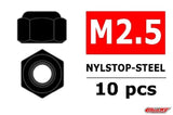 Team Corally C-3101-25-6 M2.5 Steel Nylstop Nut (10) shown in black, designed for secure fastening in radio control parts and rc cars applications.