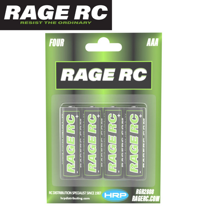 Rage RC AAA Alkaline Batteries (4) in green and black packaging, designed for use in radio control parts and rc cars, featuring bold Rage RC branding.