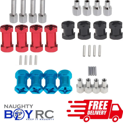 1/10 12mm Wheel Hex Spacer Extension 15mm 20mm 25mm in red, black, blue, and silver colors, radio control parts for rc cars with metal pins included.