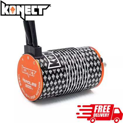 Konect 1900kv Brushless RC Motor 1/8 4 Pole Sensorless designed for high performance radio control parts, featuring a compact black and orange cylindrical design with cooling fins.