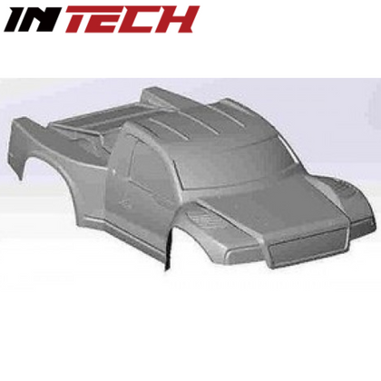 Clear unpainted plastic body shell for a short course truck with detailed contours and vents, labeled as INTECH Racing 100049 ERSC-10 Short Course Truck Body w Decals Clear.