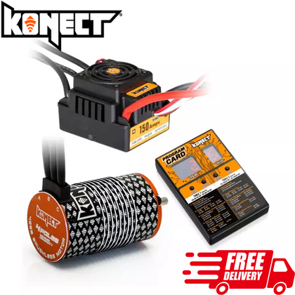 Konect 1/8 Brushless Combo Waterproof 150a ESC 1900kv Motor with cooling fan and programming card, designed for radio control car parts and rc cars performance.