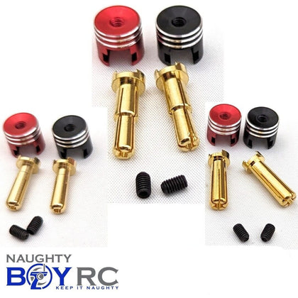 Battery Bullet Connectors 4mm 5mm 4/5mm w Grips featuring gold metal connectors and red and black anodized grip covers for secure radio control parts connections.