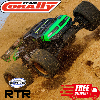 Team Corally Punisher 4S 1/10 Monster Truck RTR Green No Batt/Charger speeding through dirt with large rugged tires, showcasing a high-performance radio control monster truck design.