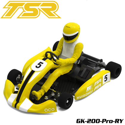 Team Saxo GK-200-PRO 1/8 RC Go Kart KIT ARTR Yellow featuring a yellow and white go-kart with a yellow-suited driver figure, designed for radio control enthusiasts.