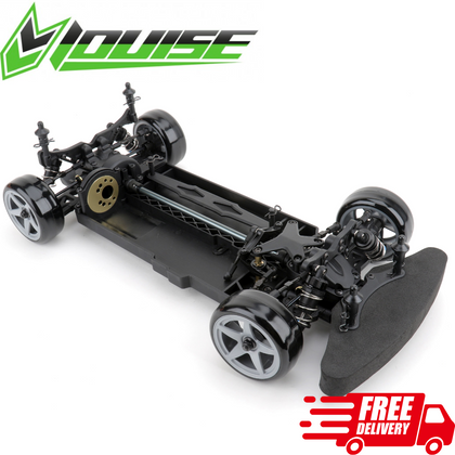 Louise RC LDX Drift Chassis 1/10 4wd Touring Car Kit showing detailed black chassis frame, suspension components, and wheels designed for radio control car enthusiasts.