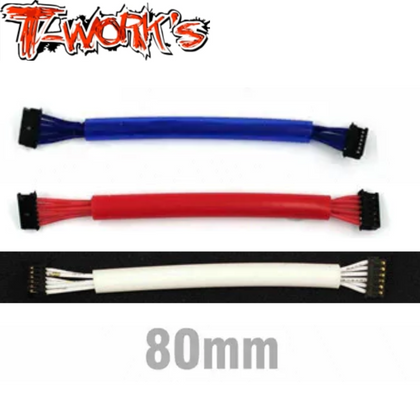 T-work's Bushless Motor Sensor Cable 80mm Blue Red White displayed with three sensor cables in blue, red, and white colors, used for radio control parts in RC cars.