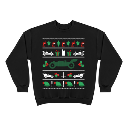Black crewneck featuring a festive pixel art design of radio control cars, Christmas trees, presents, and holiday decorations, titled NITRO BUGGY UGLY CHRISTMAS SWEATER.