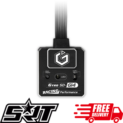 Close-up of the SRT G14 RC Drift Car Gyro, a compact black electronic component designed for enhanced racing performance in radio control cars, with visible LED indicator and connector cable.