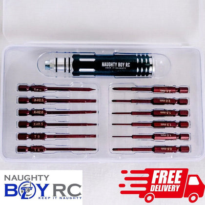 Naughty Boy RC 12-in-1 Screwdriver Set (Hex, Phillips, Torx) with multiple precision bits and ergonomic handle designed for radio control parts and rc car repairs.