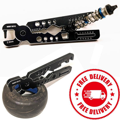 Naughty Boy RC Multi-Tool (Shock Pliers, Tire Punch, Solder Jig) shown gripping an RC car tire and used for adjusting shock parts with measurement markings for precision.