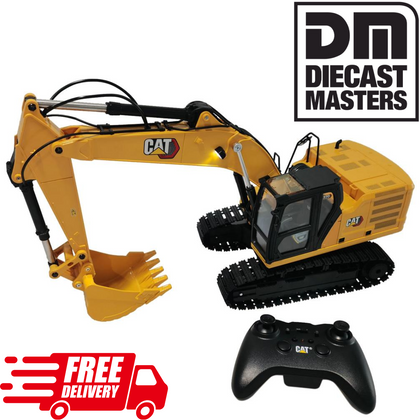 Diecast Masters 1/16 Scale RC Caterpillar 320 Excavator remote control model with detailed yellow excavator and black controller, showcasing realistic radio control parts and design.