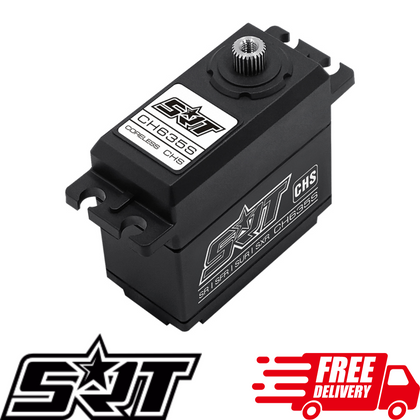 SRT CH635S 1/8 HV Coreless Servo, a black compact servo motor for radio control parts and rc car applications, featuring durable construction and precision gearing.