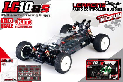 LC Racing LC10B5 1/10 4WD Off-Road RC Car Buggy Kit (CENTER DIFFERENTIAL GEAR) featuring detailed chassis, suspension, and radio control parts for assembly and customization.