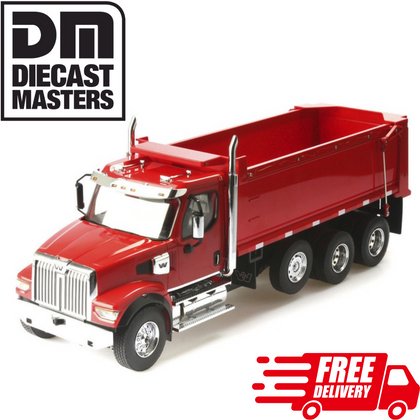 Diecast Masters Caterpillar Western Star 49X 1/16 Scale RC Dump Truck RTR in glossy red with detailed chrome accents, realistic wheels, and an empty dump bed for radio control play.