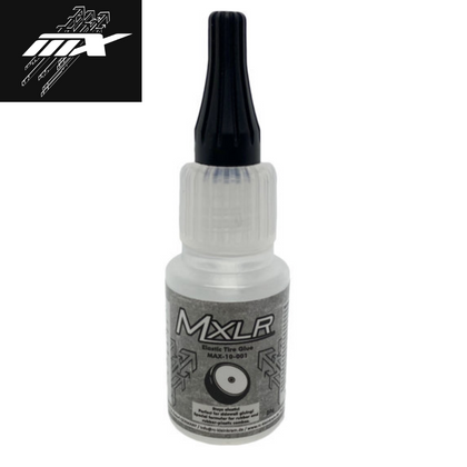 A small bottle of MXLR Elastic Tire Glue Premium RC Car CA with a black precision applicator cap and a gray label, designed for securing tires on radio control parts.