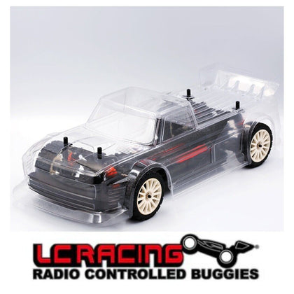C8050 LC Racing PTG-2 Drift Truck Body Clear mounted on an RC car chassis showcasing a transparent body shell with detailed contours and aerodynamic styling for radio control parts enthusiasts.
