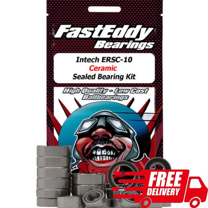 Fast Eddy Intech ERSC-10 Ceramic Sealed Bearing Kit with multiple high-quality ceramic bearings displayed in front of branded packaging, ideal for radio control parts and rc cars.