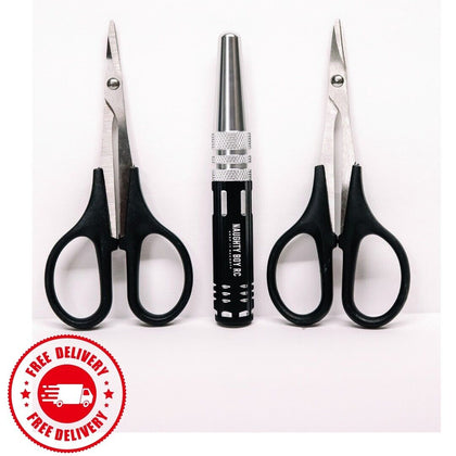 Naughty Boy RC Body Tool Kit featuring two precision scissors with black handles and a specialized black and silver tool for radio control parts and rc car body work.
