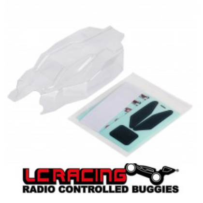 Clear unpainted L5034 LC Racing BHC-1 Buggy Body with accompanying decals for customization, designed as radio control car parts for RC buggy models.