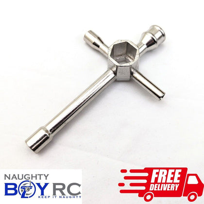 Naughty Boy RC Cross Wrench 5mm 7mm 8mm 10mm 17mm made of polished metal for versatile use on radio control parts and rc cars.