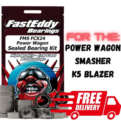 Packaging for Fast Eddy FMS FCX24 Power Wagon, Smasher, K5 Sealed Bearing Kit with visible metal ball bearings and a graphic promoting free delivery for radio control car parts.